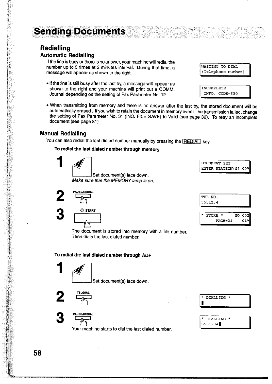 Manual redialling, To redial the last dialed number through adf, Manual number dialling | Sending ddtiumeh | Panasonic Panafax UF-755 User Manual | Page 60 / 148