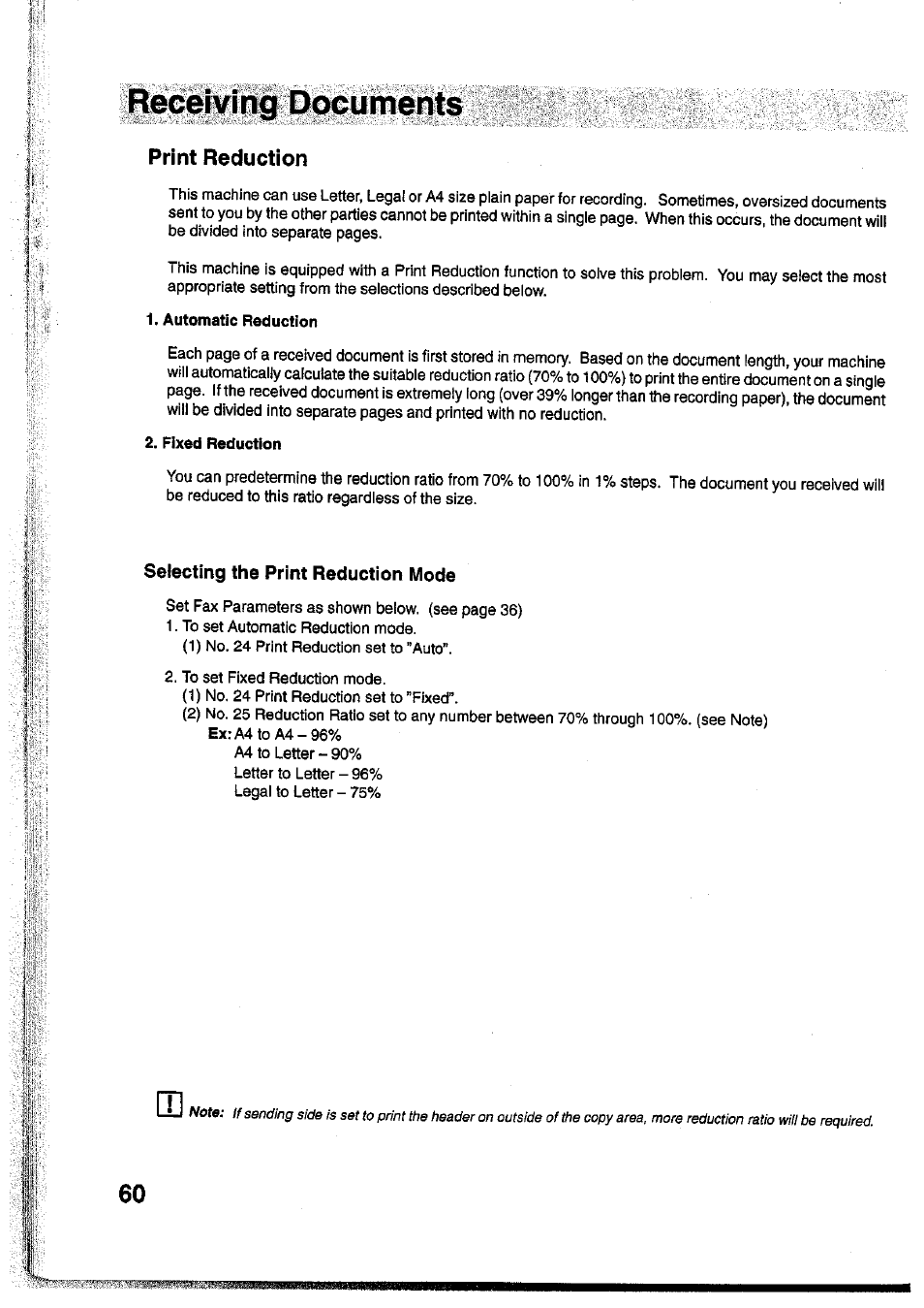 Automatic reduction, Fixed reduction, Selecting the print reduction mode | Automatic reception, Print reduction | Panasonic Panafax UF-755 User Manual | Page 62 / 148