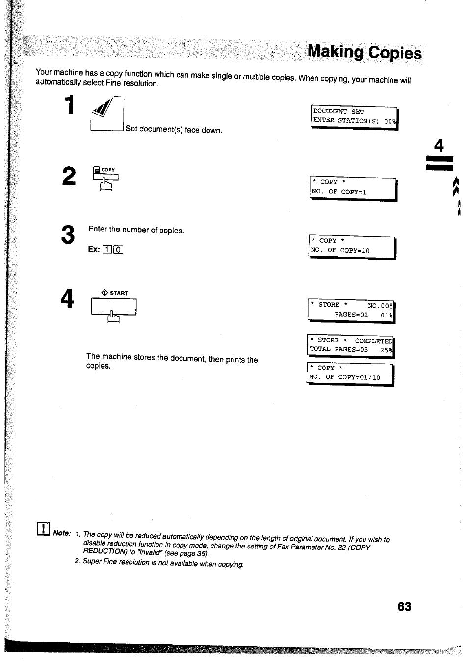 Set ciocument(s) face down, Enter the number of copies. ex:[i][0, Making copies | Panasonic Panafax UF-755 User Manual | Page 65 / 148