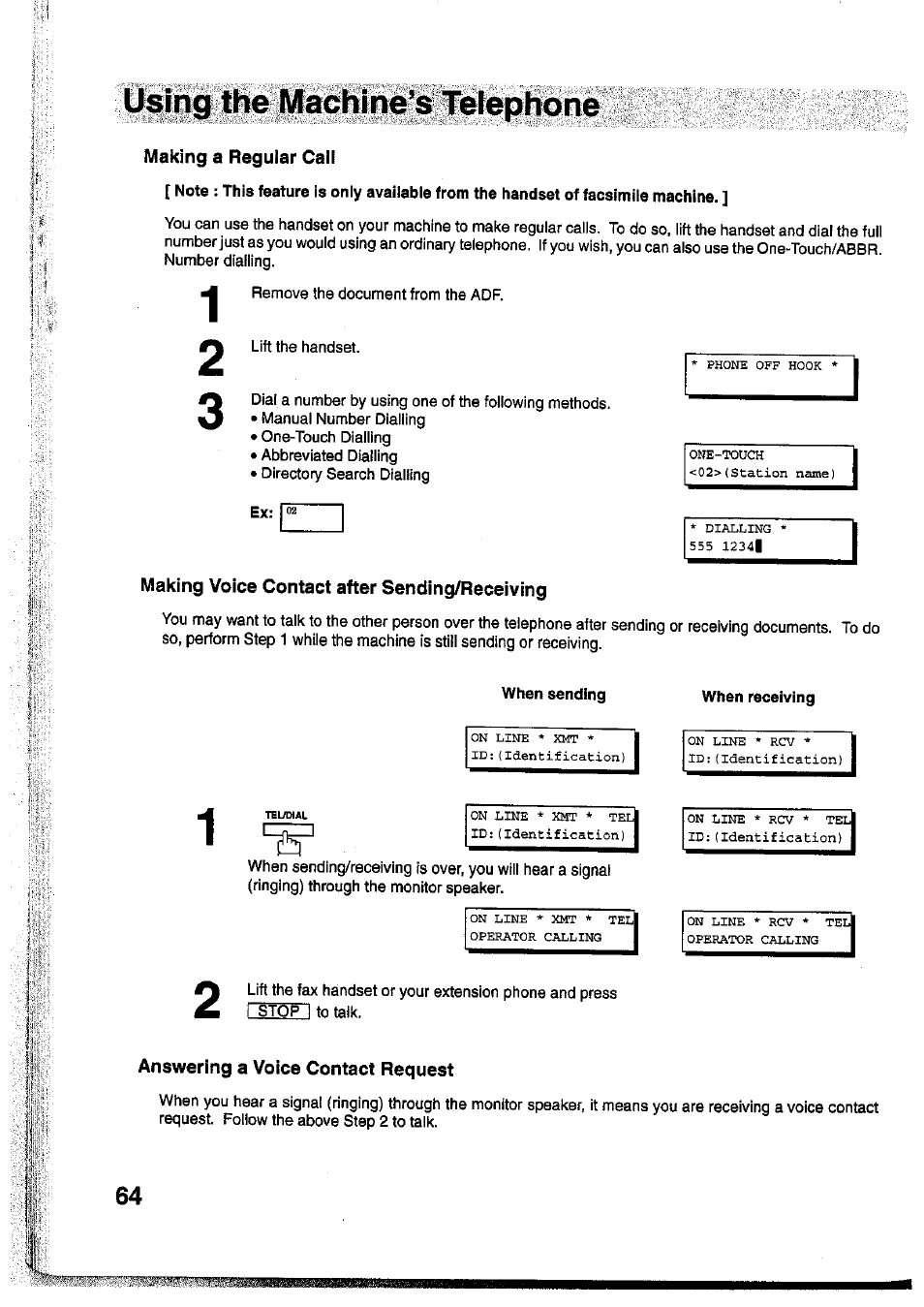 Making a regular call, Making voice contact after sending/receiving, When sending | When receiving, Answering a voice contact request | Panasonic Panafax UF-755 User Manual | Page 66 / 148