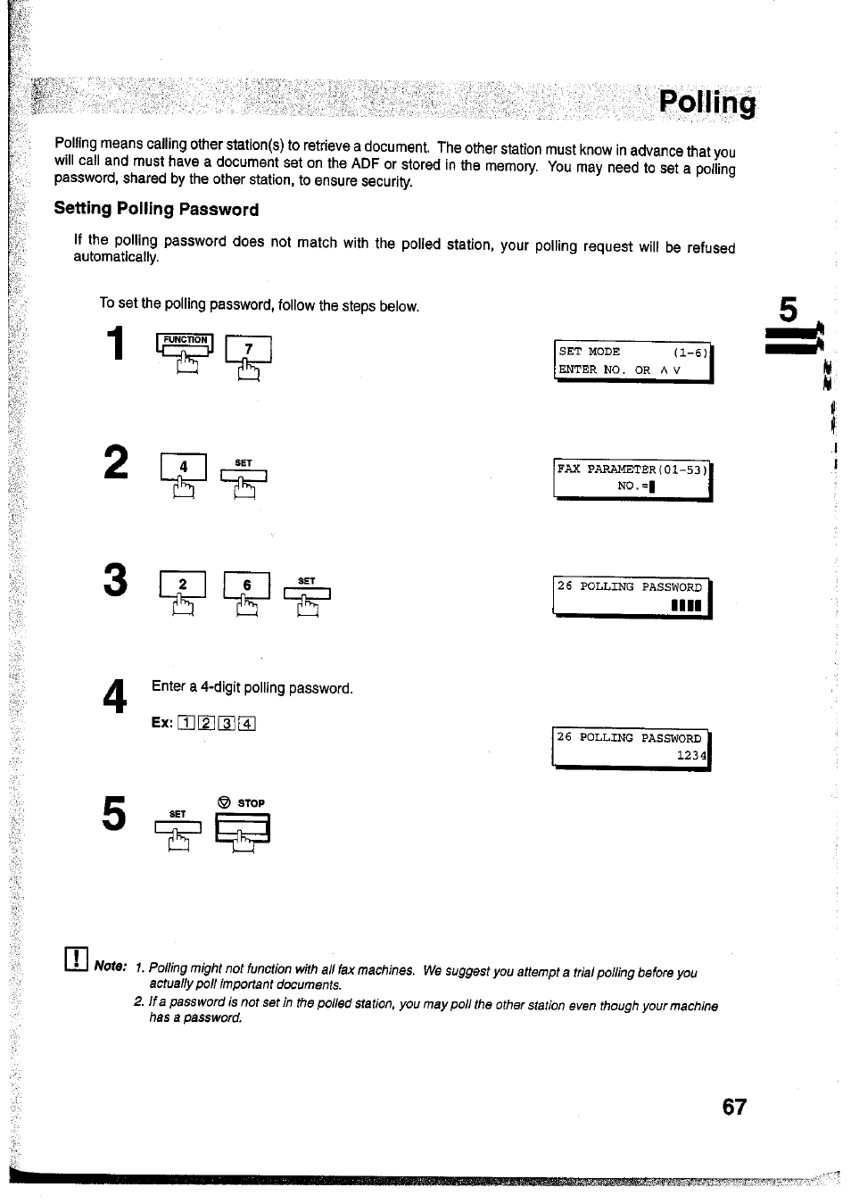Setting polling password, Polling, 67 i | Panasonic Panafax UF-755 User Manual | Page 69 / 148