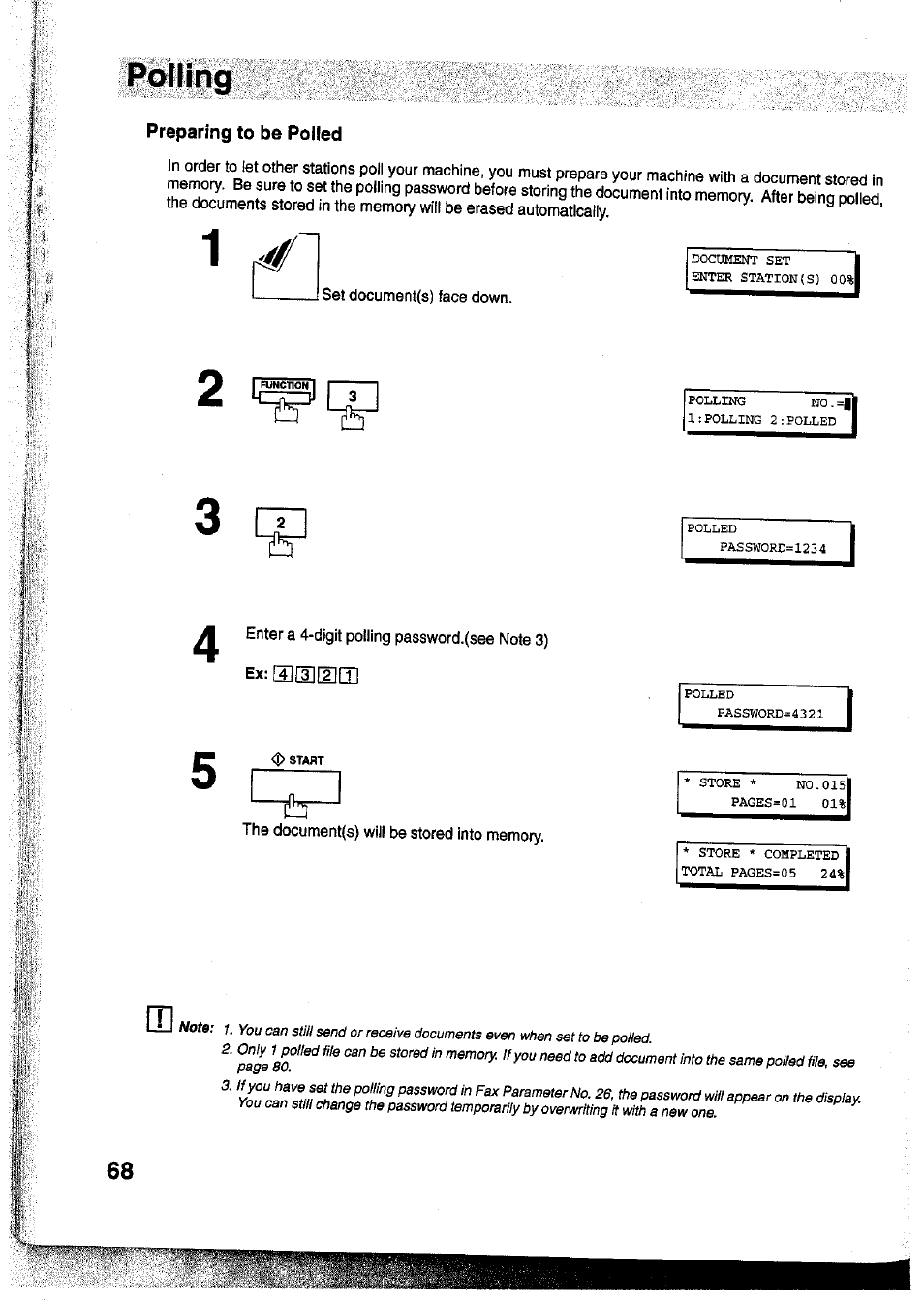 Preparing to be polled, Set document(s) face down, The document(s) will be stored into memory | Ш№1ш | Panasonic Panafax UF-755 User Manual | Page 70 / 148