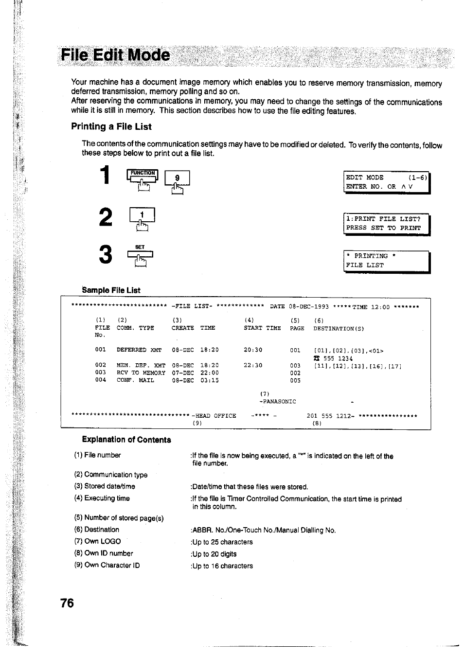 Printing a file list, Sample file list, Fuilchtwe | Panasonic Panafax UF-755 User Manual | Page 78 / 148
