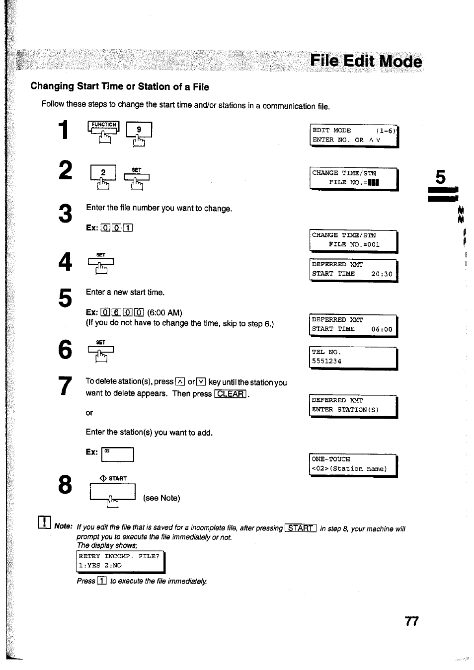 Changing start time or station of a file, Filé edit mbdé | Panasonic Panafax UF-755 User Manual | Page 79 / 148