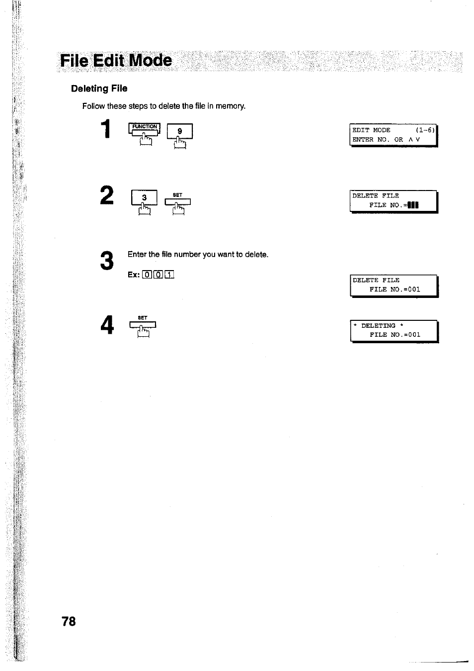Deleting file, Fileedltmode | Panasonic Panafax UF-755 User Manual | Page 80 / 148