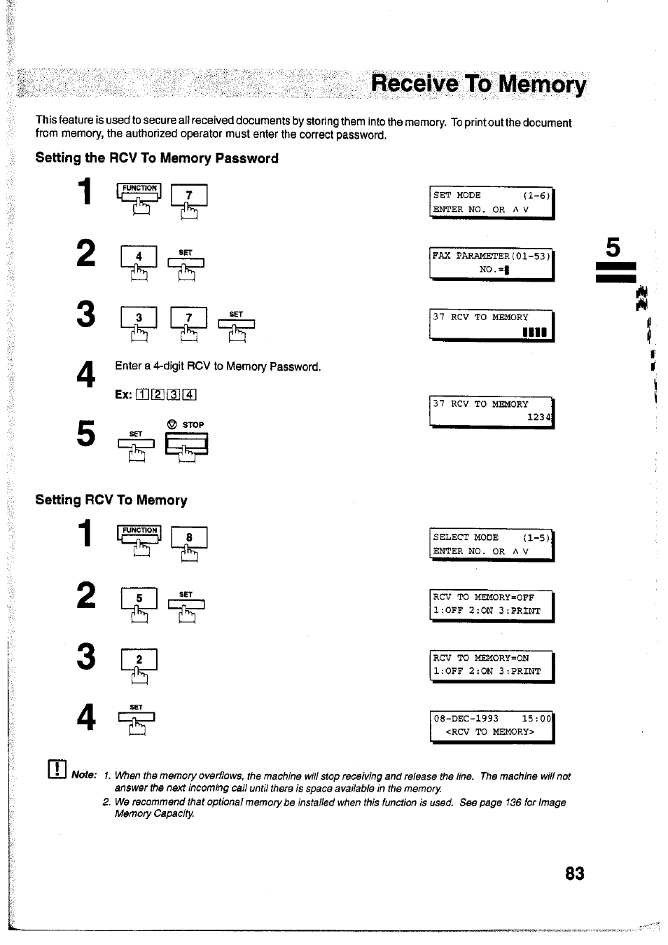 Enter a 4-digit rcv to memory password, Ex: mil][3][4, Setting the rcv to memory password | Cv 1 | Panasonic Panafax UF-755 User Manual | Page 85 / 148