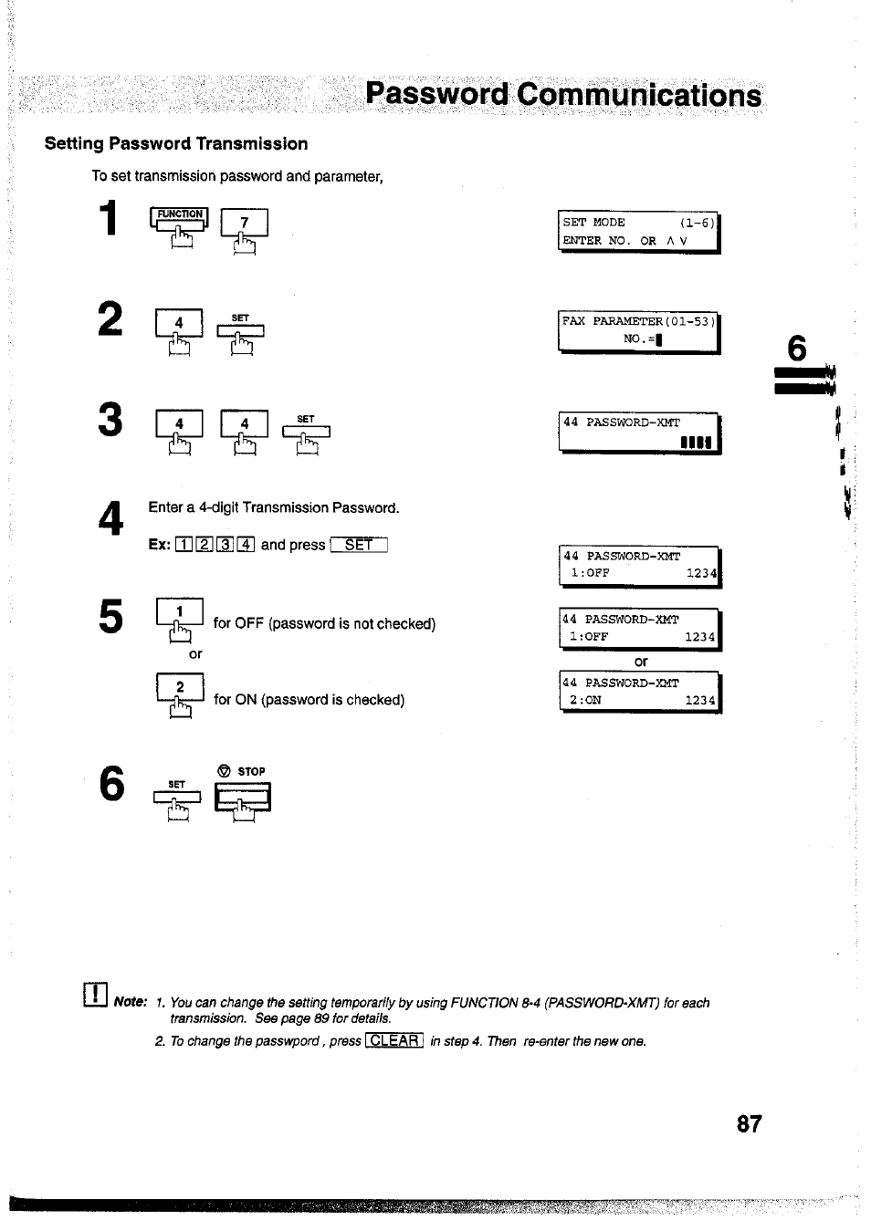 Setting password transmission, Password comftiühicá | Panasonic Panafax UF-755 User Manual | Page 89 / 148