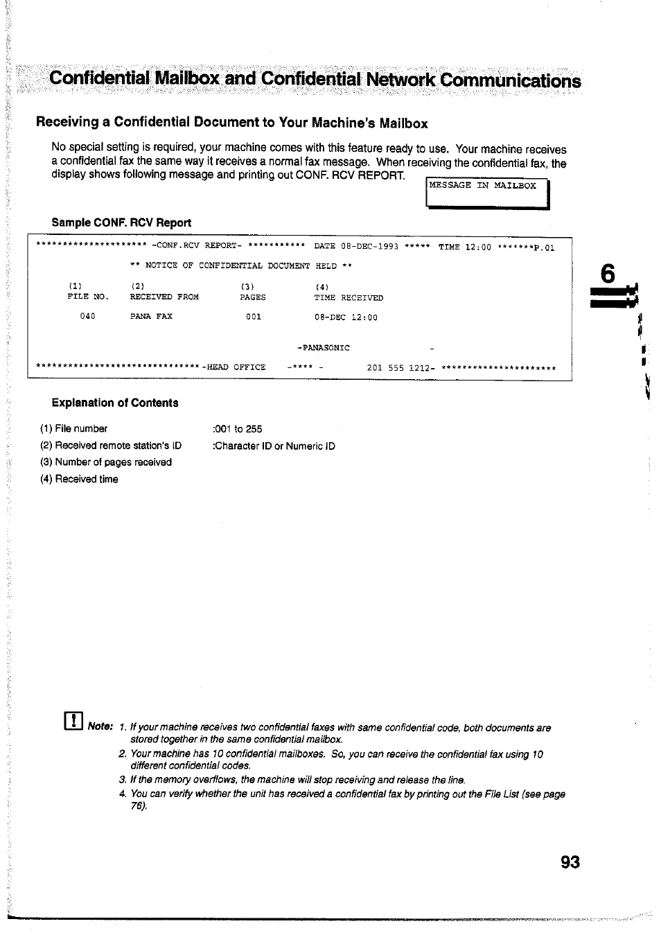 Sample conf. rcv report, Explanation of contents | Panasonic Panafax UF-755 User Manual | Page 95 / 148