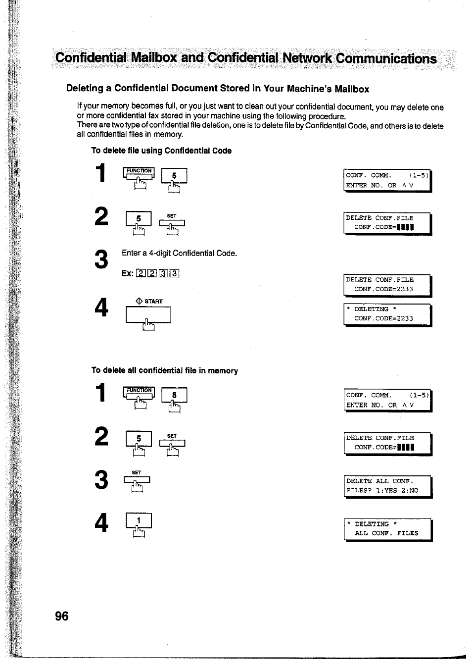 To delete file using confidential code, Ex: eeios, To delete all confidential file in memory | Corilklentlal majl^x and cbnfid^tiiail netw | Panasonic Panafax UF-755 User Manual | Page 98 / 148