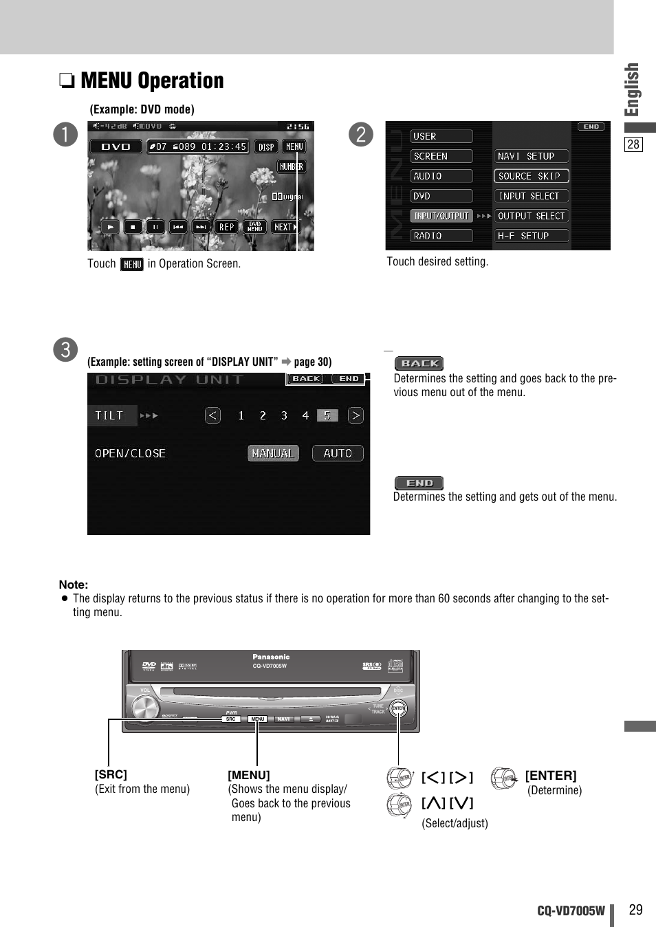 Menu operation, English, Cq-vd7005w | Enter | Panasonic CQ-VA7005W User Manual | Page 29 / 94