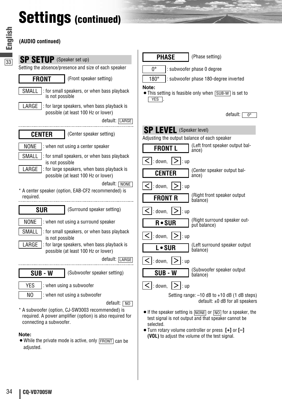 Settings, Continued), Sp level | Sp setup, English, Sub - w, Front r, Center, Front l, Front | Panasonic CQ-VA7005W User Manual | Page 34 / 94