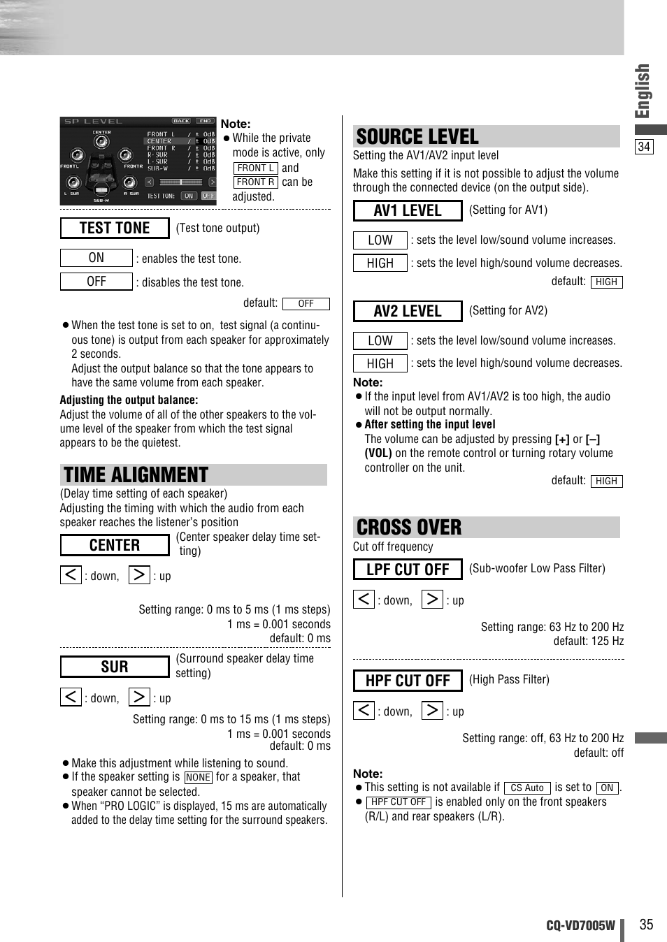 Cross over, Time alignment, Source level | English, Test tone, Hpf cut off, Lpf cut off, Center, Av2 level, Av1 level | Panasonic CQ-VA7005W User Manual | Page 35 / 94