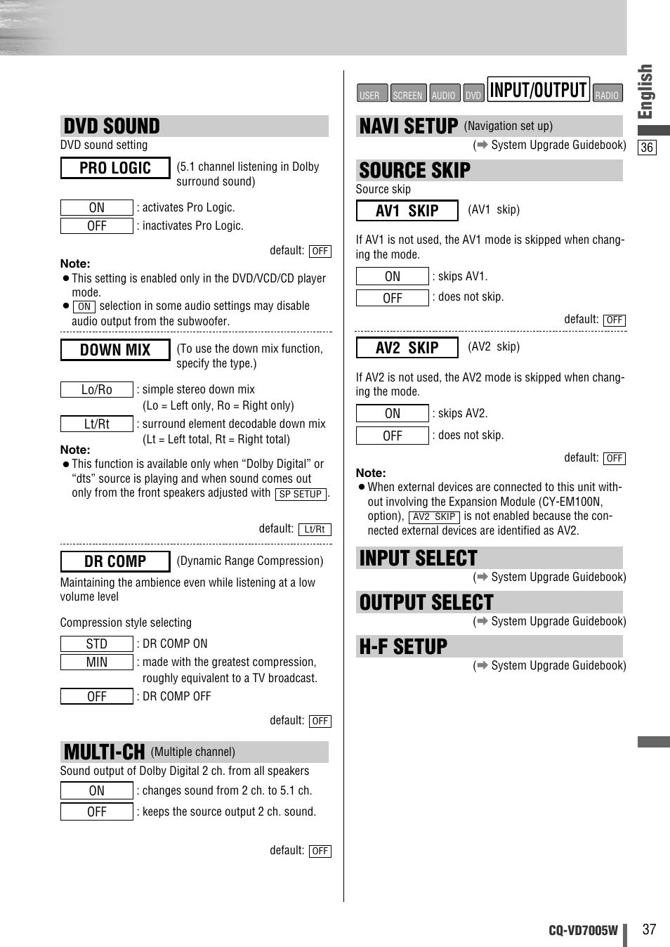 Multi-ch, Navi setup, Source skip | Input select, Output select, H-f setup, Dvd sound, Input/output, English, Av2 skip | Panasonic CQ-VA7005W User Manual | Page 37 / 94