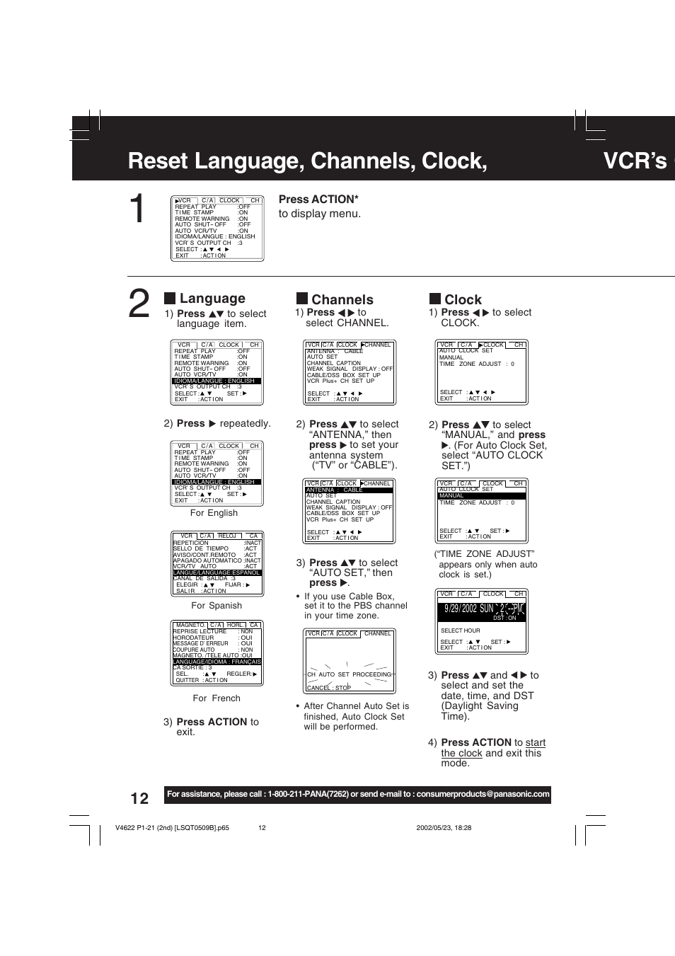 Basic operation, Reset language, channels, clock, vcr’s o, Clock | Language, Channels, Press action* to display menu | Panasonic PV-V4622 User Manual | Page 12 / 44