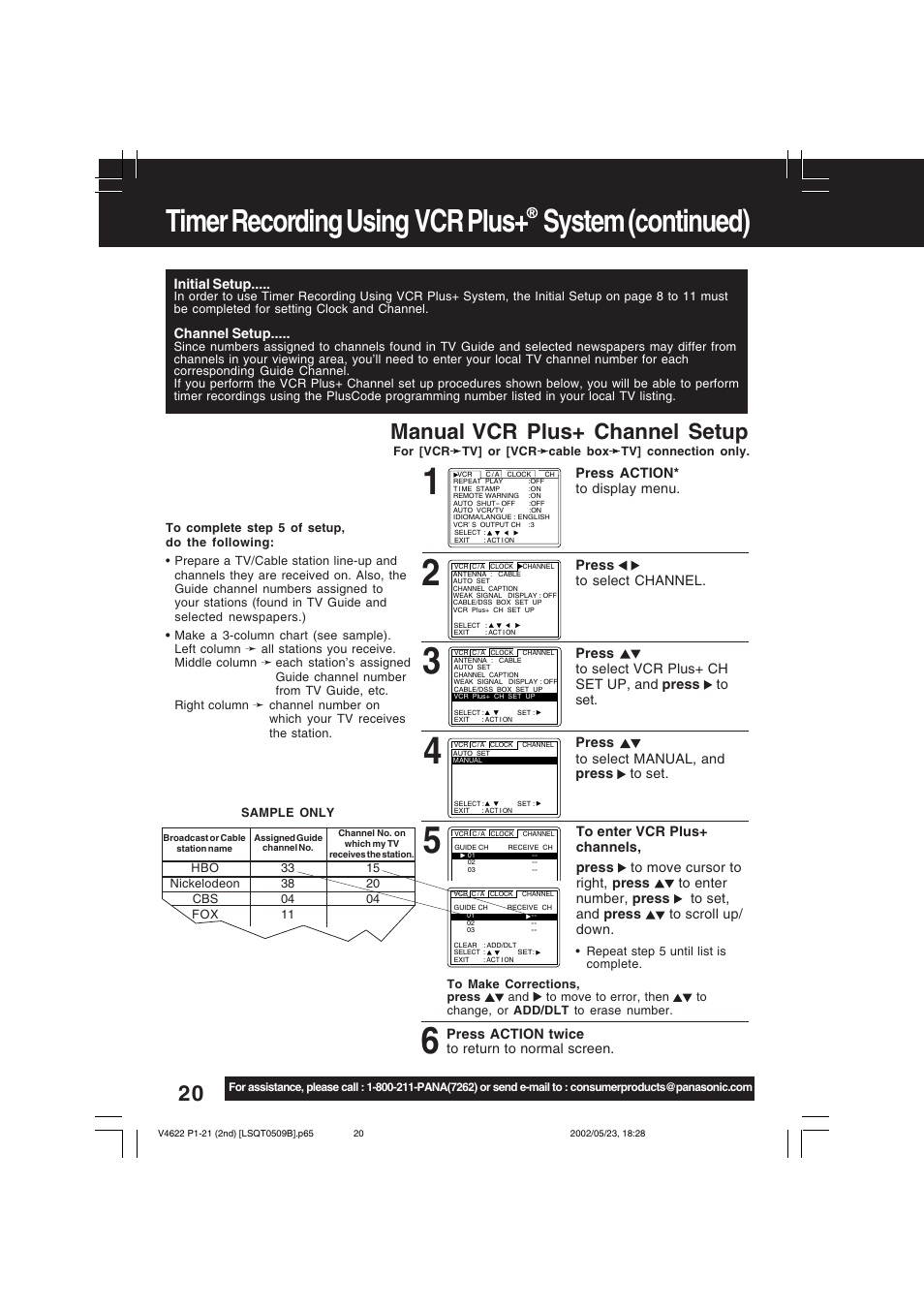 Timer recording using vcr plus+ system (continued), Manual vcr plus+ channel setup | Panasonic PV-V4622 User Manual | Page 20 / 44