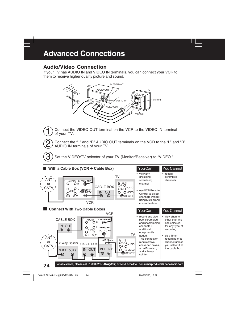 Advanced connections (cable/dss), Advanced connections, Audio/video connection | Panasonic PV-V4622 User Manual | Page 24 / 44