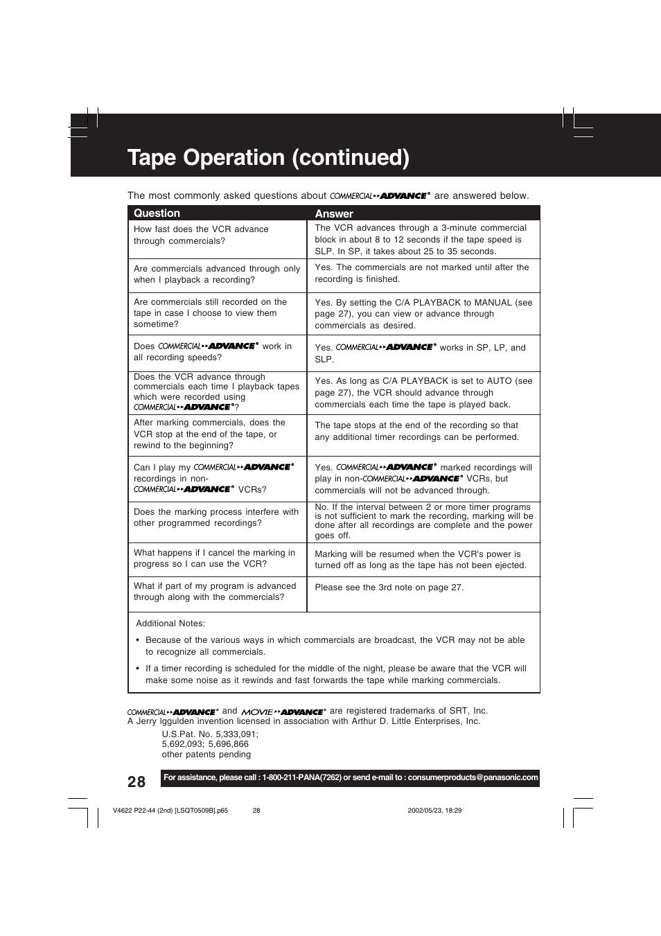 Tape operation (continued) | Panasonic PV-V4622 User Manual | Page 28 / 44