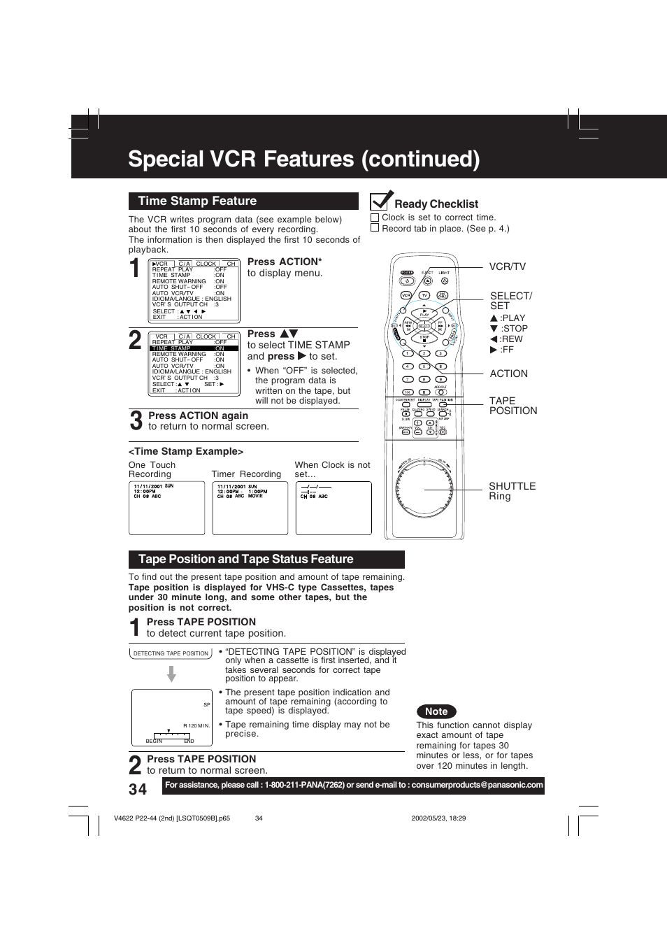 Special vcr features (continued) | Panasonic PV-V4622 User Manual | Page 34 / 44