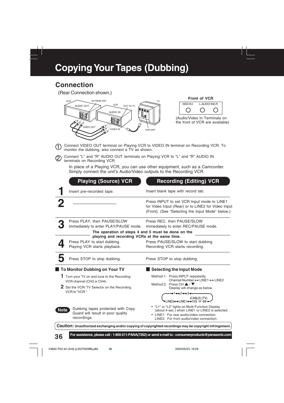 Copying your tapes (dubbing), Connection, Playing (source) vcr recording (editing) vcr | Panasonic PV-V4622 User Manual | Page 36 / 44