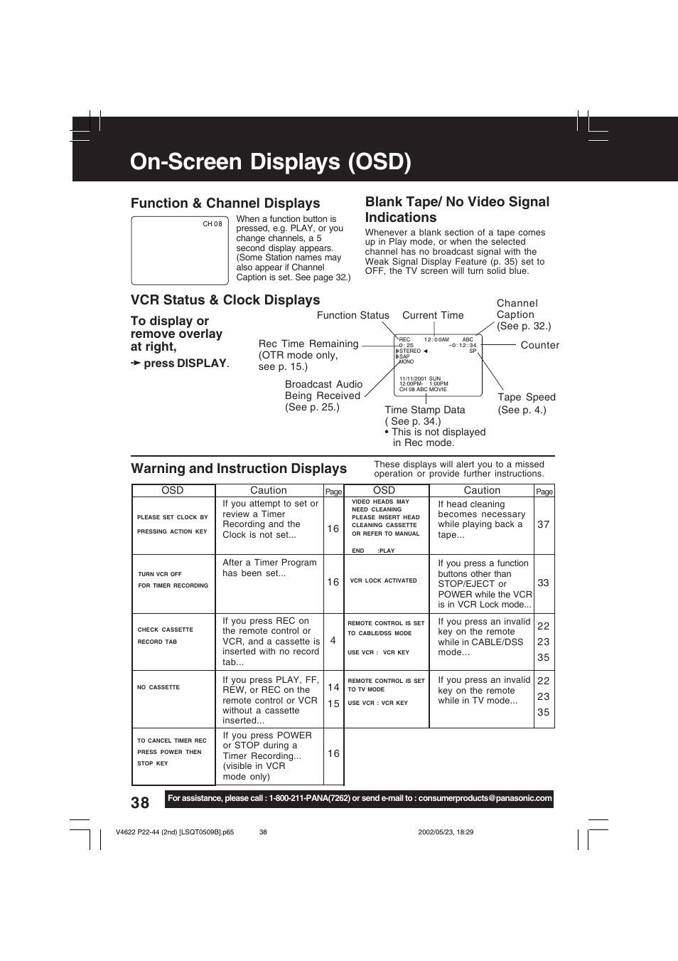 On-screen displays (osd), Warning and instruction displays, Press display | Panasonic PV-V4622 User Manual | Page 38 / 44