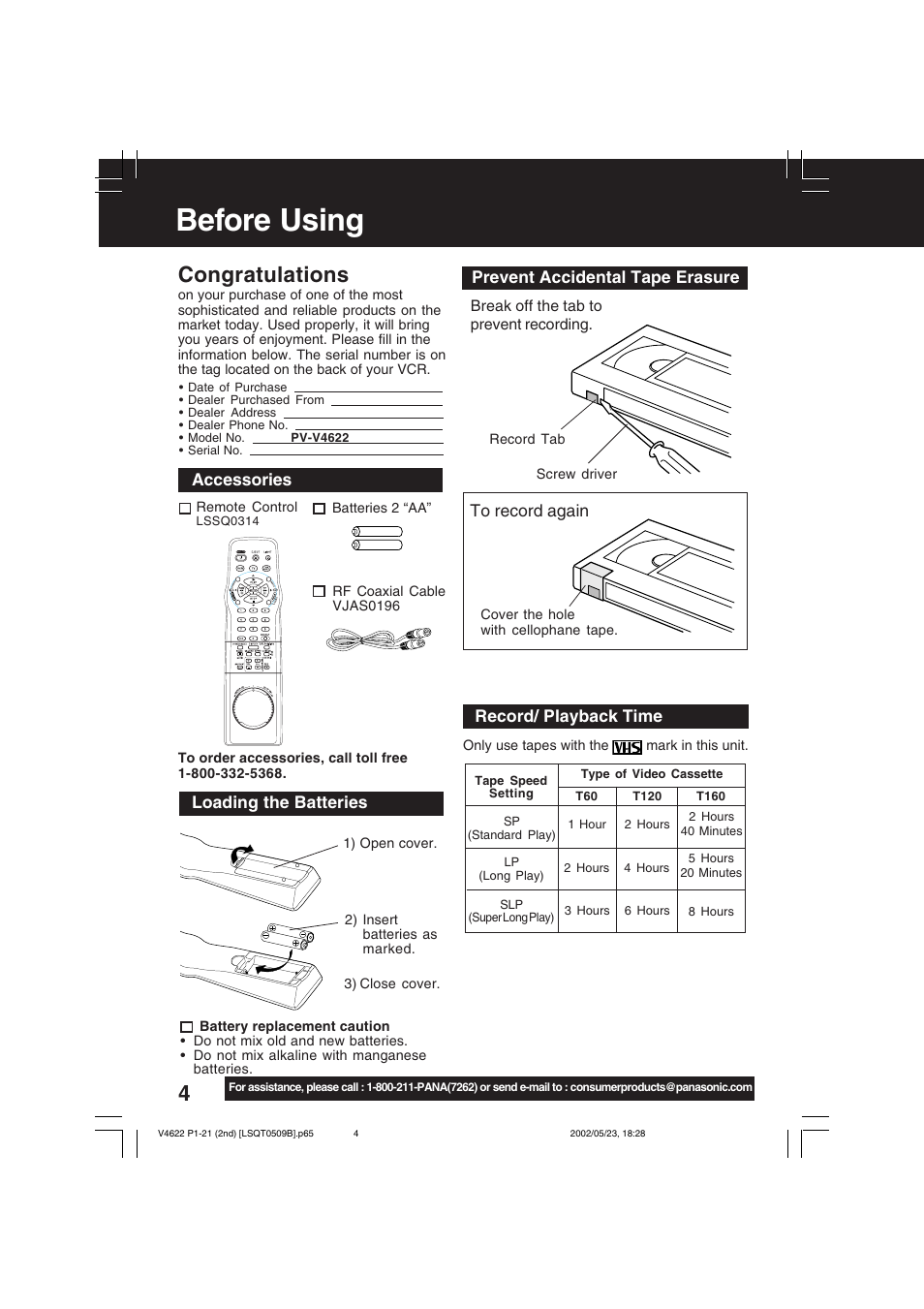 Accessories, Loading the batteries, Prevent accidental tape erasure | Record/ playback time, Before using | Panasonic PV-V4622 User Manual | Page 4 / 44