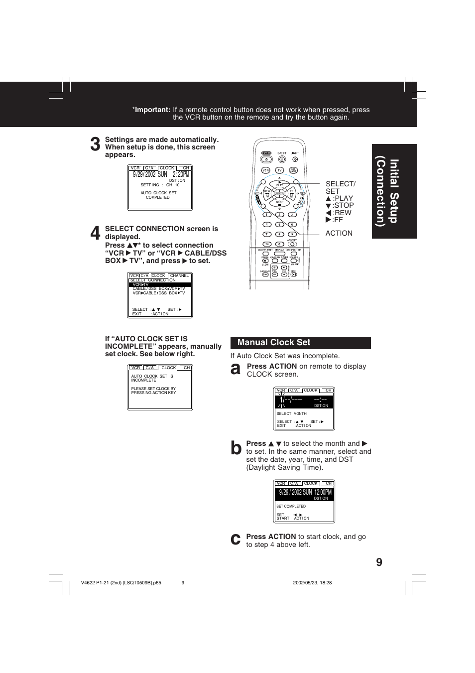 Ab c, Initial setup (connection) | Panasonic PV-V4622 User Manual | Page 9 / 44