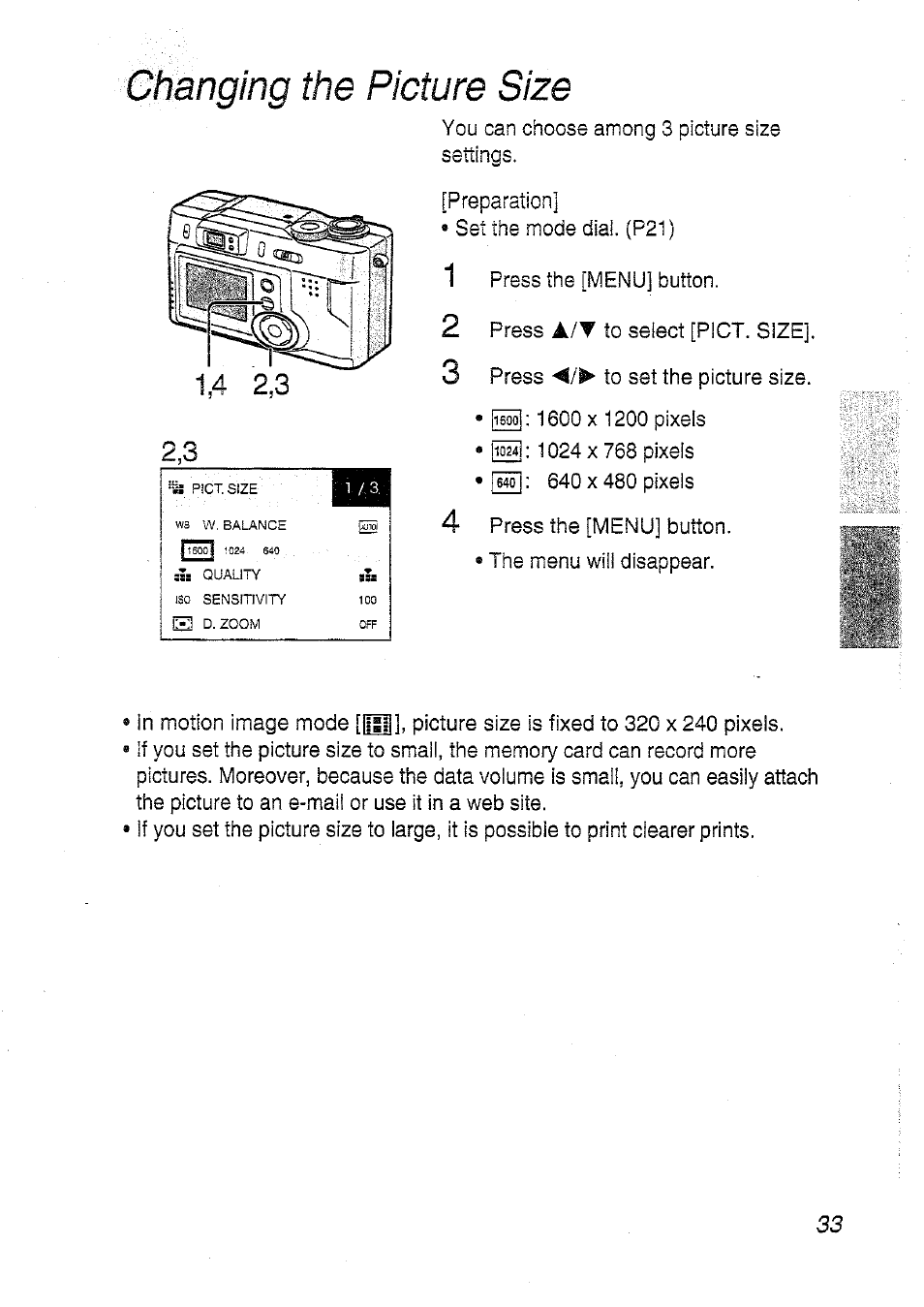 Dhanging the picture size | Panasonic DMC-LC20T  EN User Manual | Page 33 / 72