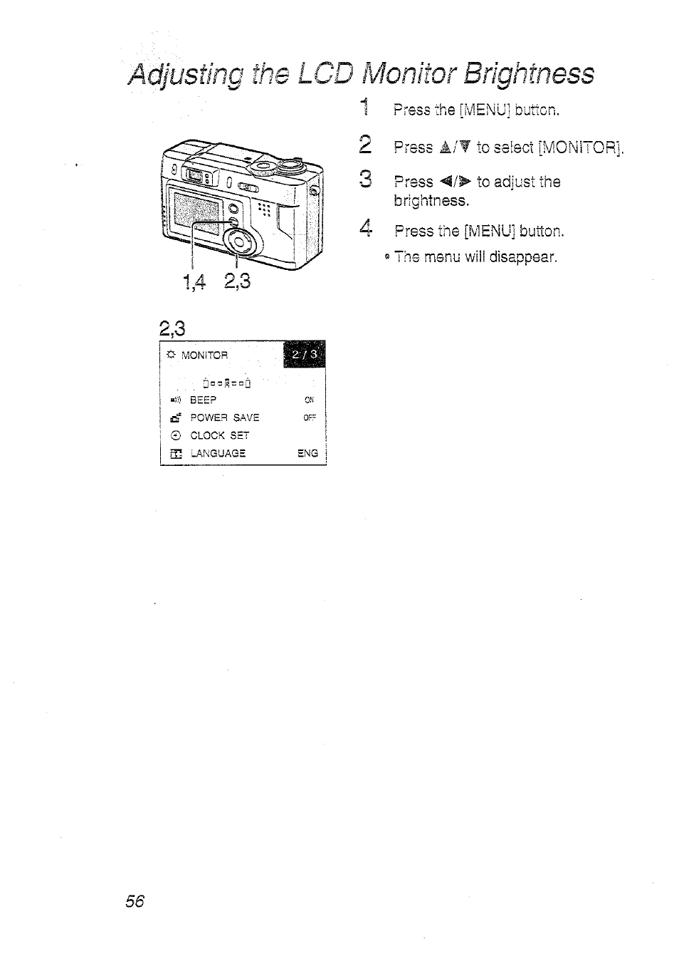 Adjusting the lcd monitor brightness | Panasonic DMC-LC20T  EN User Manual | Page 56 / 72