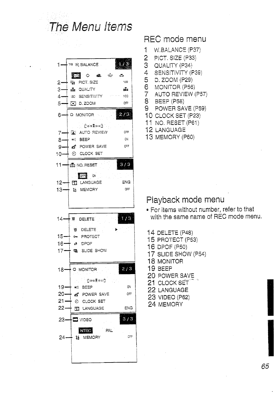The menu items, Reg mode menu, Playback mode menu | Panasonic DMC-LC20T  EN User Manual | Page 65 / 72