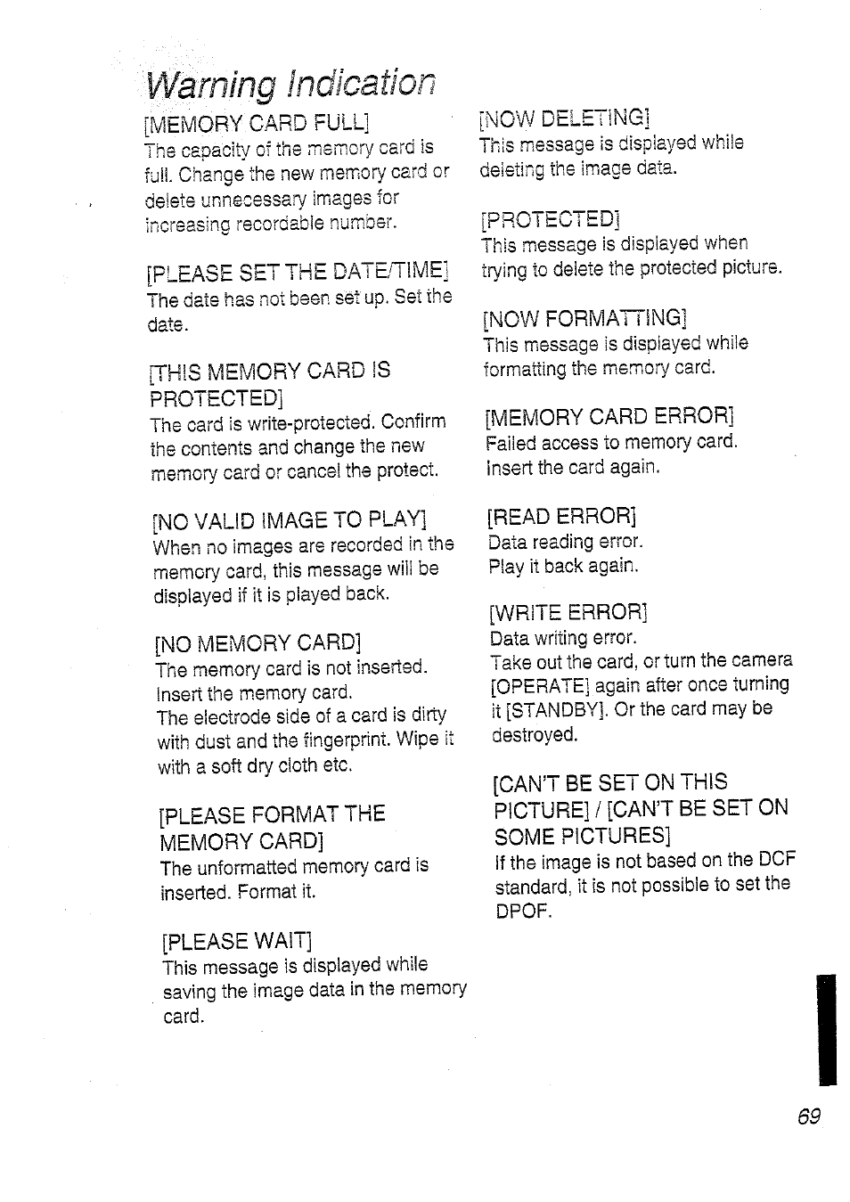 Warning indication | Panasonic DMC-LC20T  EN User Manual | Page 69 / 72