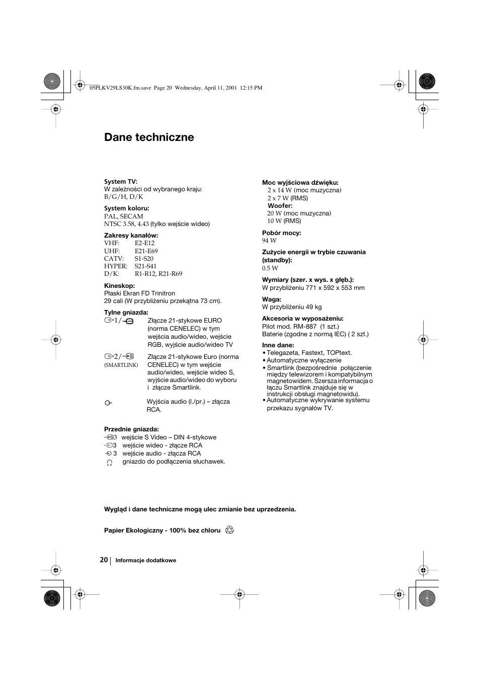 Dane techniczne | Sony KV-29LS30K User Manual | Page 95 / 116