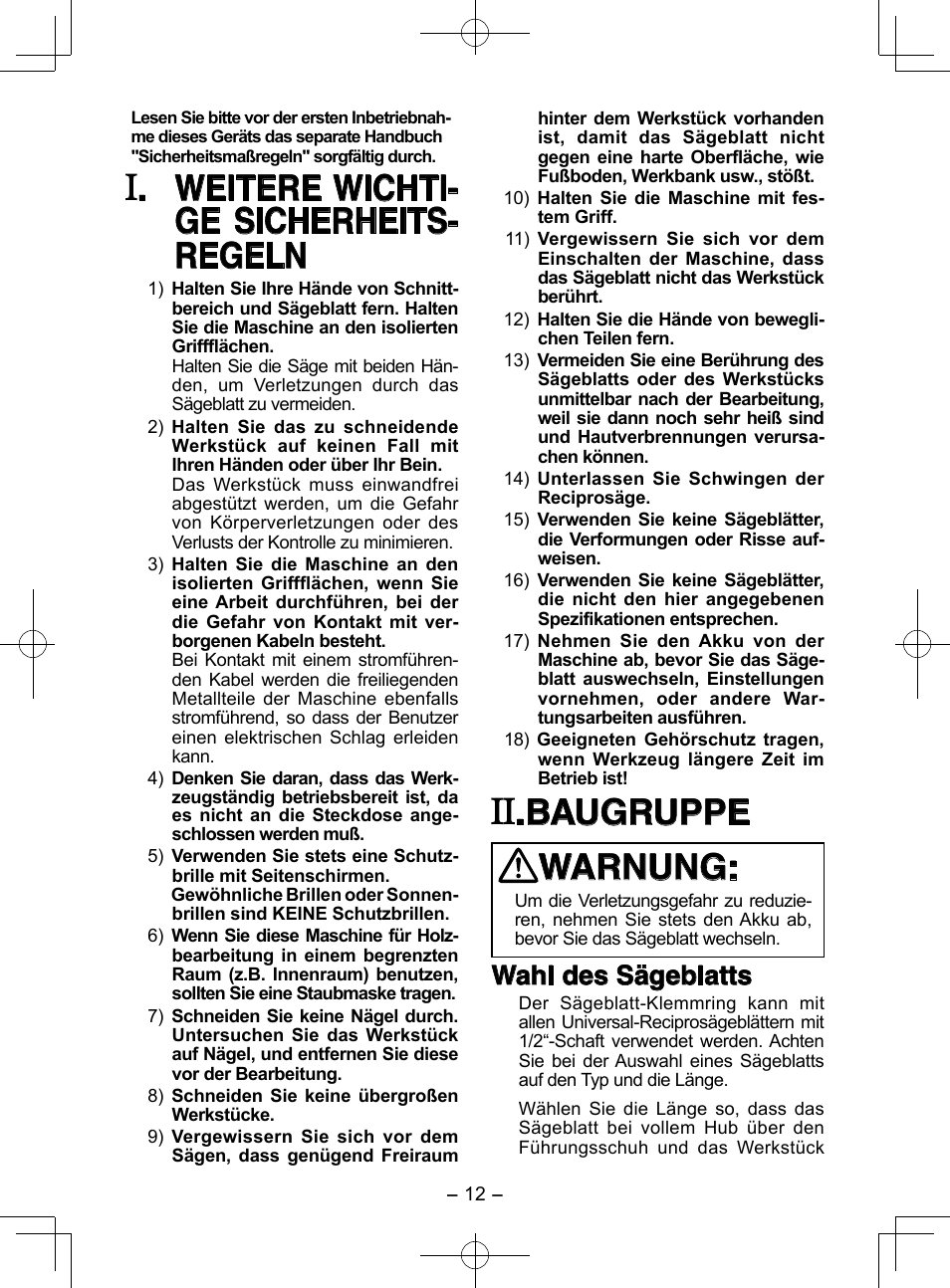Weitere wichti- ge sicherheits- regeln, Baugruppe warnung, Wahl des sägeblatts | Panasonic EY3544 User Manual | Page 12 / 80