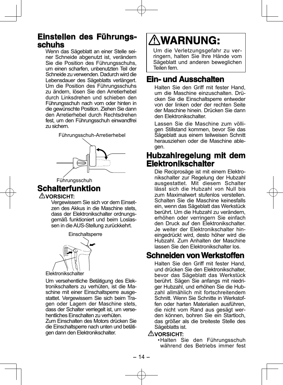 Warnung, Einstellen des führungs- schuhs, Schalterfunktion | Ein- und ausschalten, Hubzahlregelung mit dem elektronikschalter, Schneiden von werkstoffen | Panasonic EY3544 User Manual | Page 14 / 80