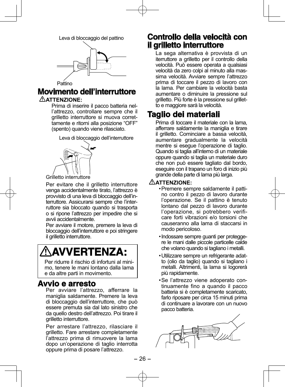 Avvertenza, Movimento dell’interruttore, Avvio e arresto | Taglio dei materiali | Panasonic EY3544 User Manual | Page 26 / 80