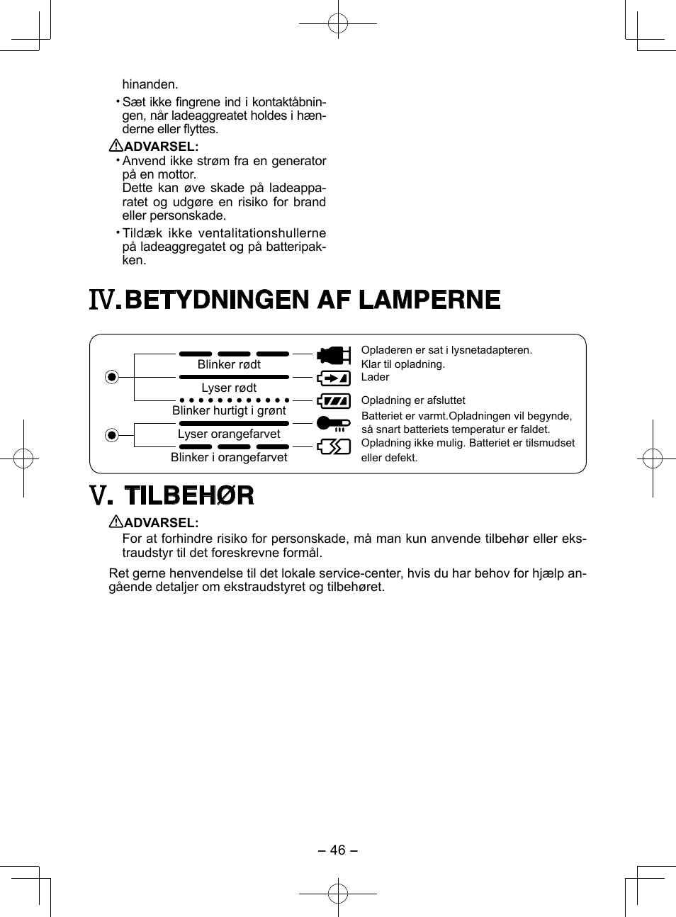 Betydningen af lamperne, Tilbehør | Panasonic EY3544 User Manual | Page 46 / 80