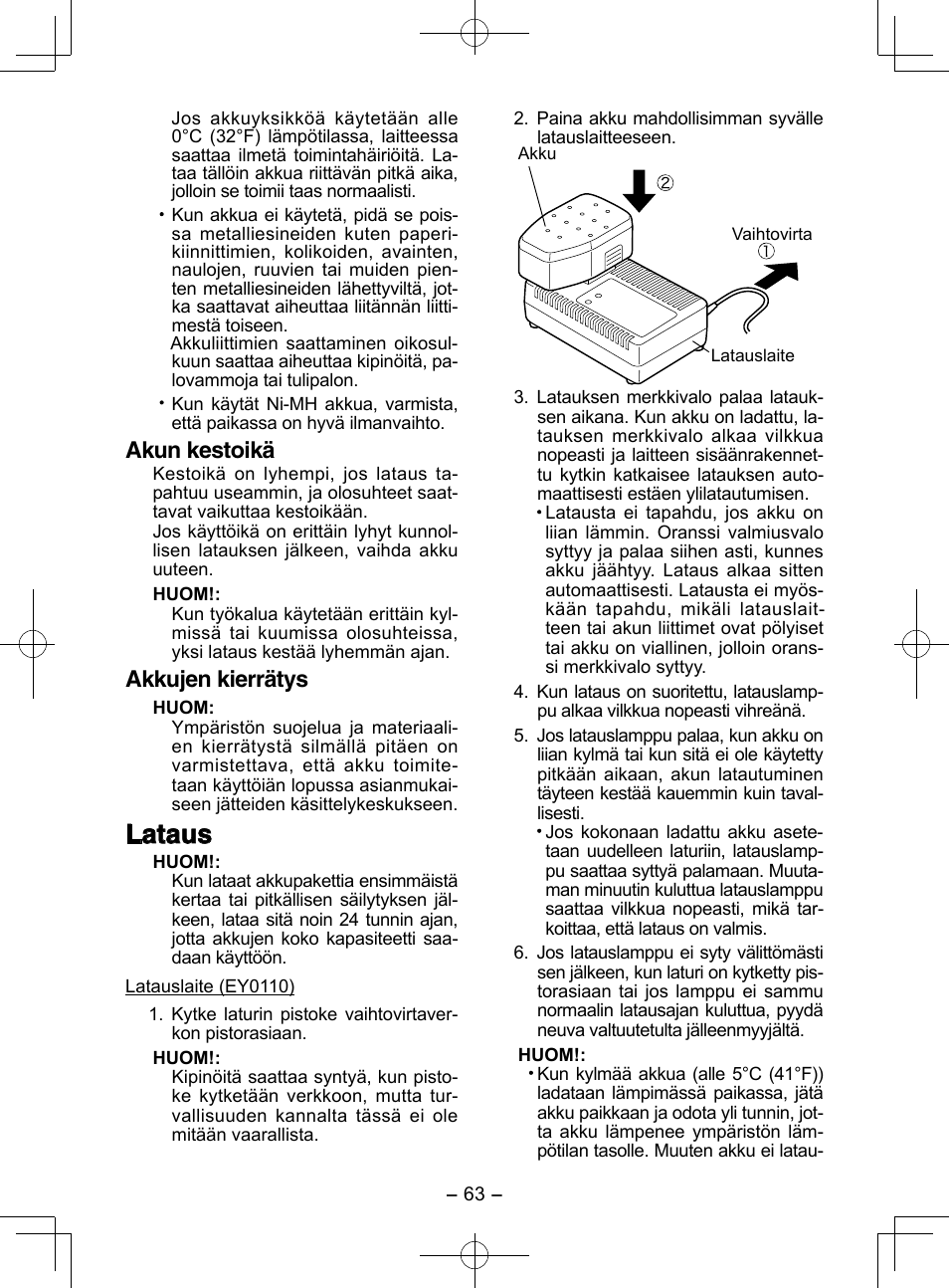 Lataus, Akun kestoikä, Akkujen kierrätys | Panasonic EY3544 User Manual | Page 63 / 80