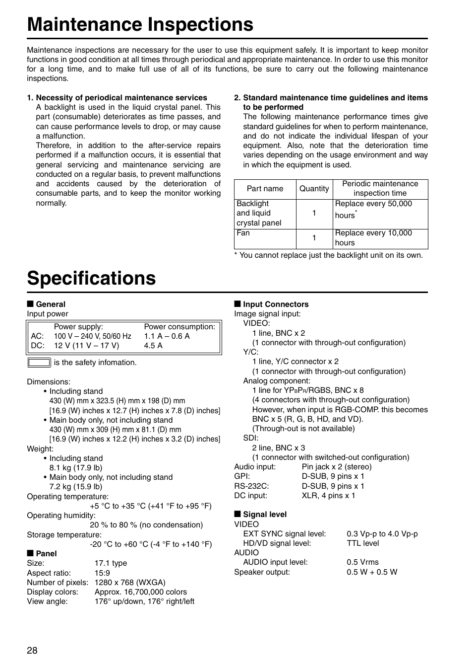 Maintenance inspections, Specifications, 28 specifications | Panasonic BT-LH1700WP User Manual | Page 28 / 30