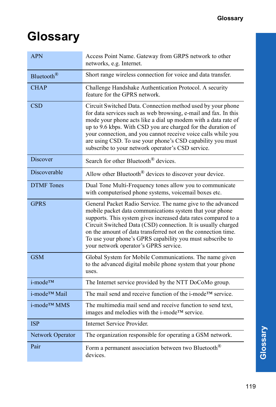 Glossary, Glos sar y | Panasonic P342i User Manual | Page 118 / 128