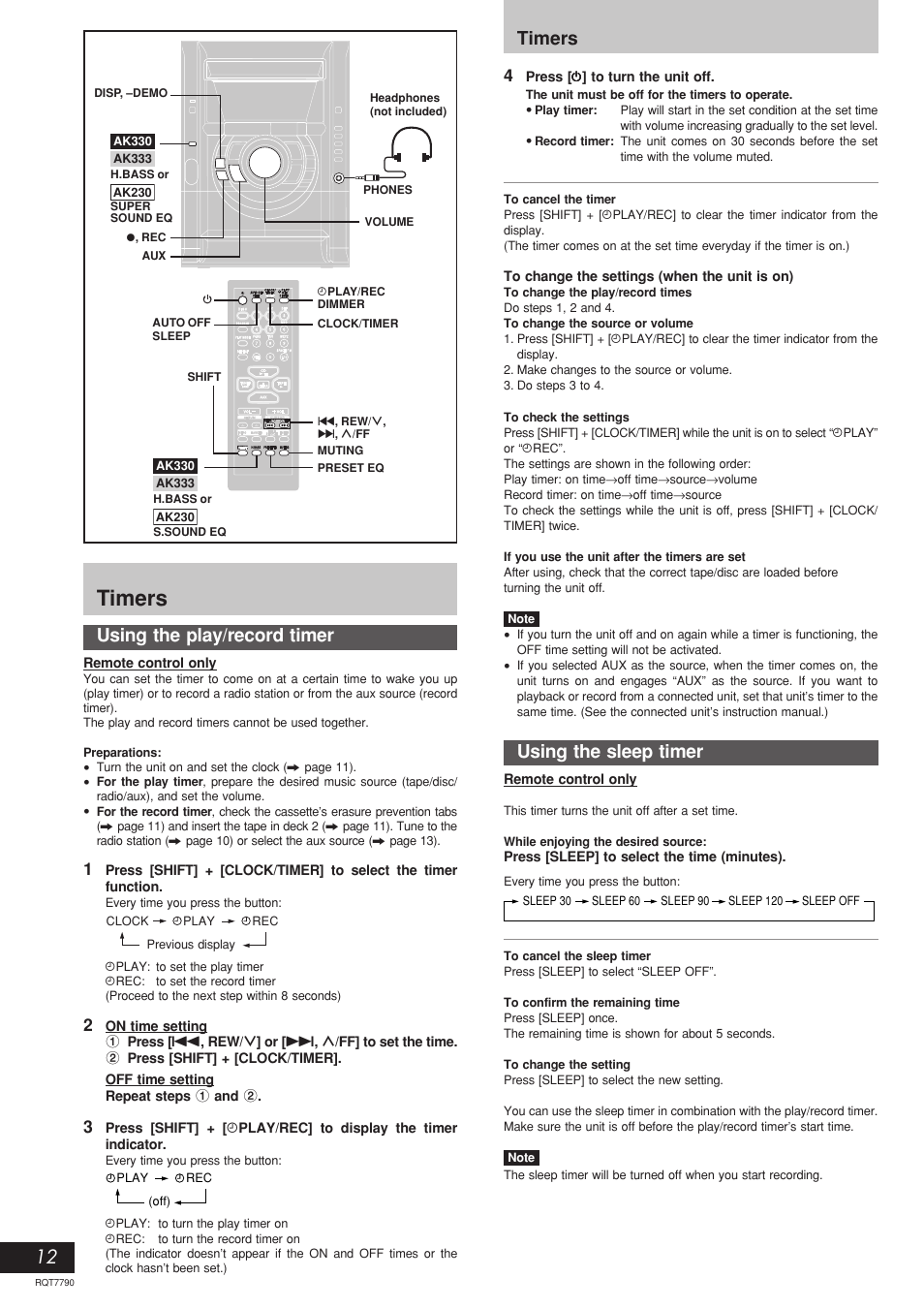 Timers, Using the play/record timer, Using the sleep timer | Panasonic SC-AK330 User Manual | Page 12 / 16