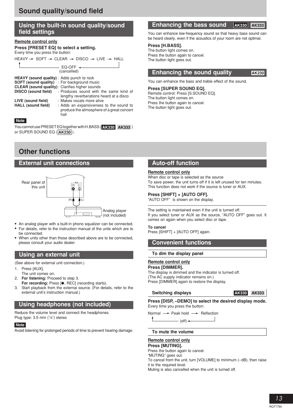 Sound quality/sound field, Other functions, External unit connections | Using an external unit, Using headphones (not included), Auto-off function, Convenient functions, Enhancing the bass sound, Enhancing the sound quality | Panasonic SC-AK330 User Manual | Page 13 / 16