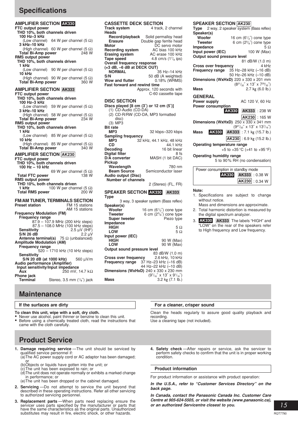 Specifications, Maintenance, Product service | Panasonic SC-AK330 User Manual | Page 15 / 16