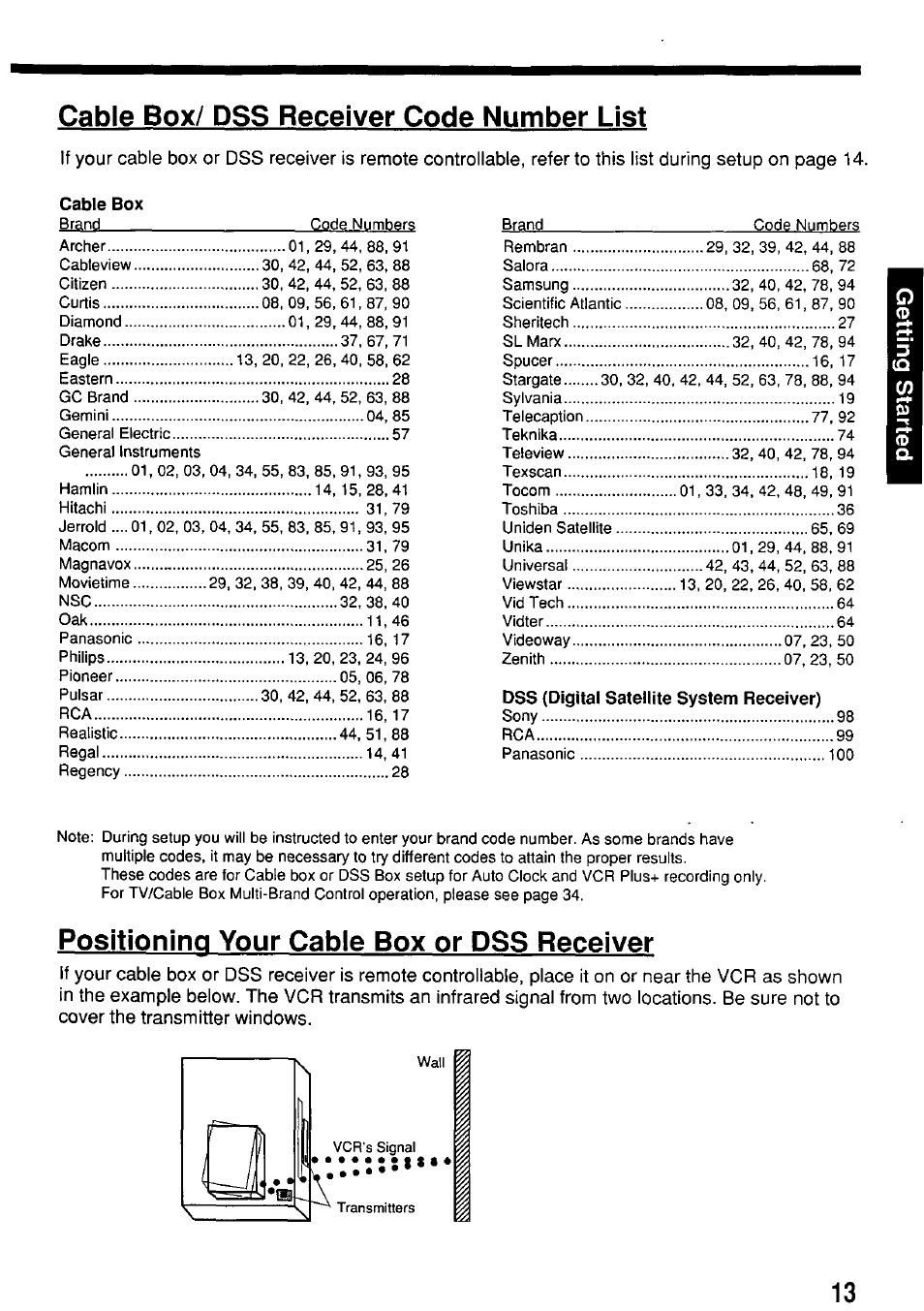 Cable box/ dss receiver code number list, Brand, Positioning your cable box or dss receiver | Panasonic PV-7664 User Manual | Page 13 / 44