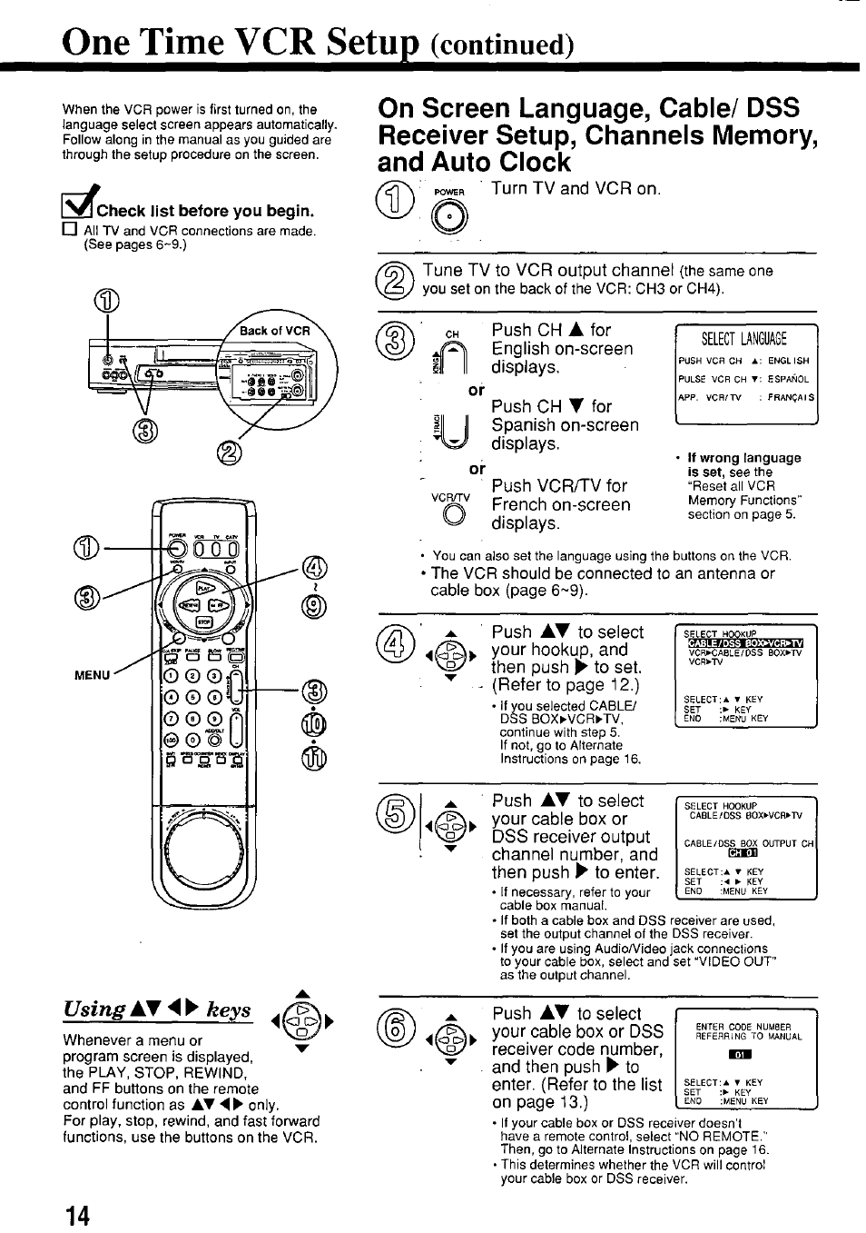 One time vcr setup (continued), One time, Setup | Continued), Using at 4 ► keys | Panasonic PV-7664 User Manual | Page 14 / 44