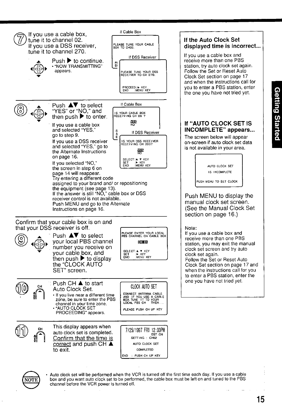 If the auto clock set displayed time is incorrect, If “auto clock set is incomplete” appears, Clock auto set | Panasonic PV-7664 User Manual | Page 15 / 44