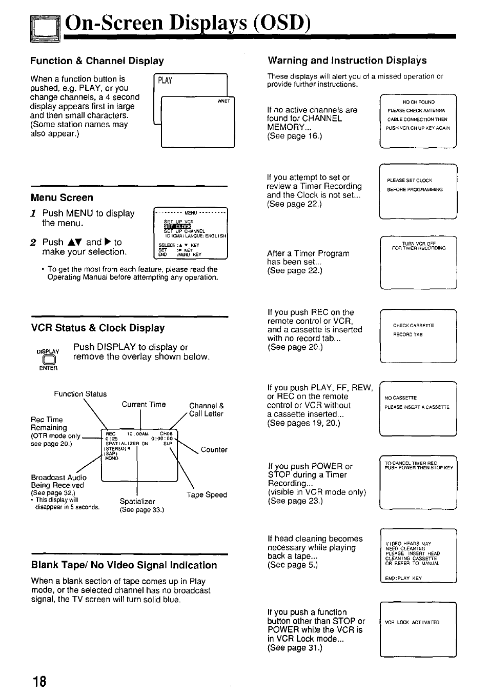 On-screen displays (osd), Warning and instruction displays, Menu screen | Vcr status & clock display, Blank tape/ no video signal indication, Function & channel display, Puy warning and instruction displays | Panasonic PV-7664 User Manual | Page 18 / 44