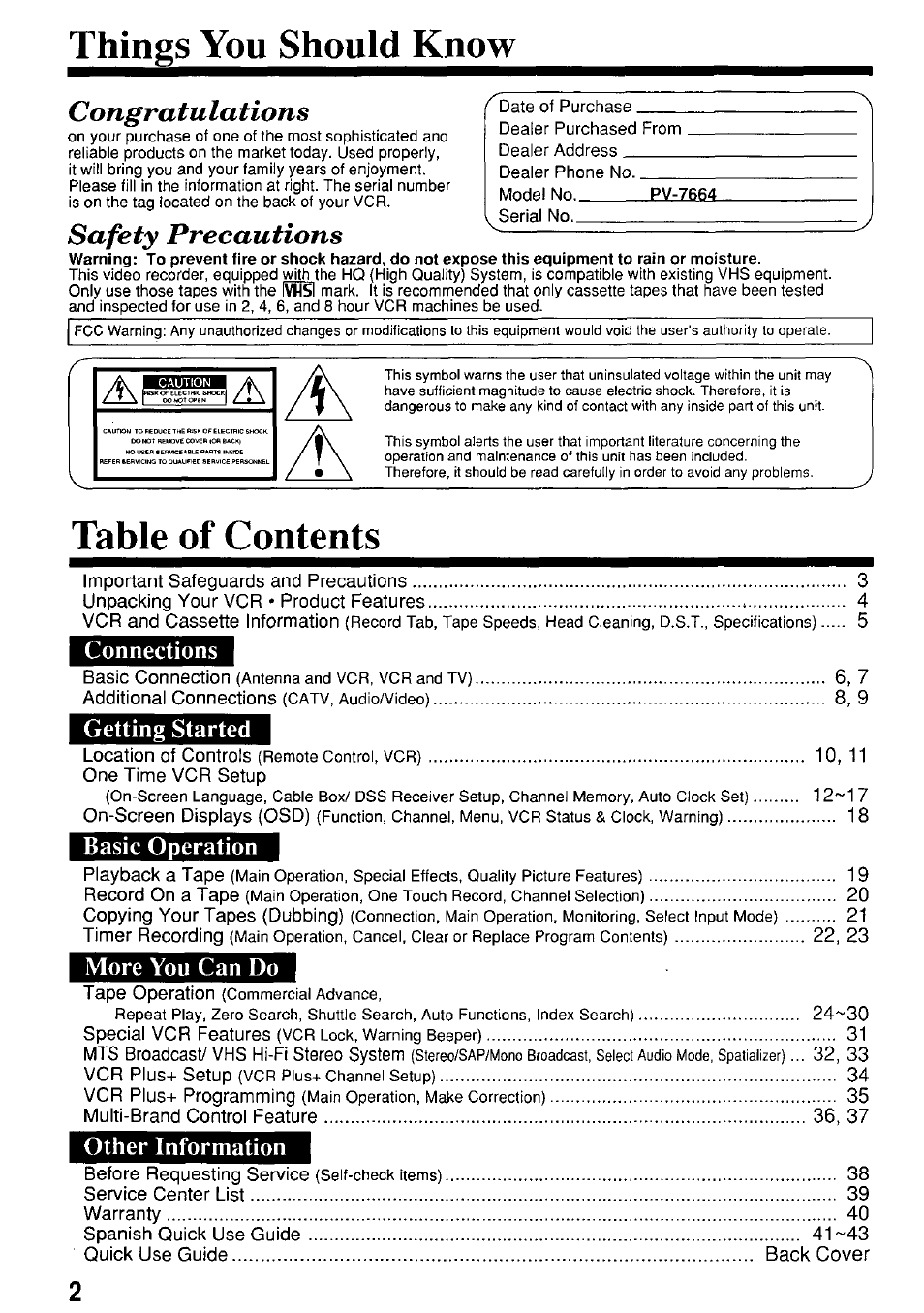 Panasonic PV-7664 User Manual | Page 2 / 44