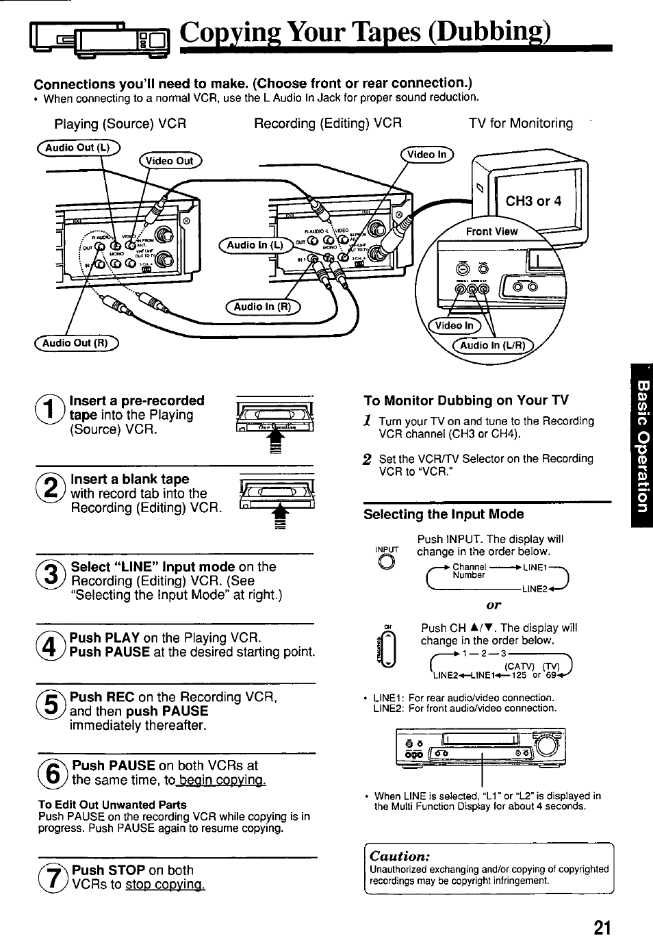 J_c^l |gg co£2ìngyourt^ges^(dub, Insert a blank tape, Select “line” input mode on the | To edit out unwanted parts, Selecting the input mode, Caution | Panasonic PV-7664 User Manual | Page 21 / 44