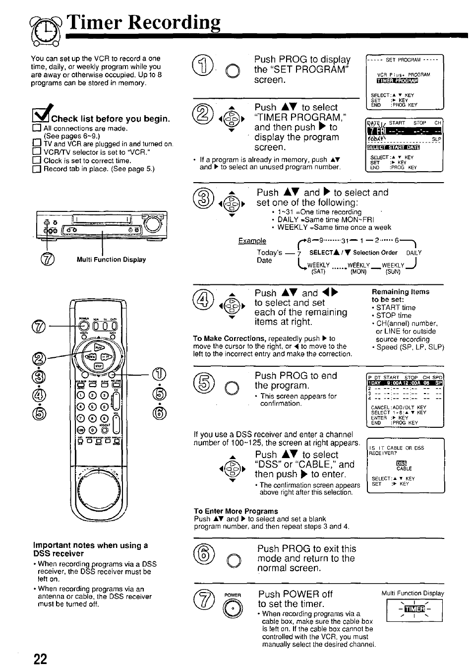 Timer recording, Important notes when using a | Panasonic PV-7664 User Manual | Page 22 / 44