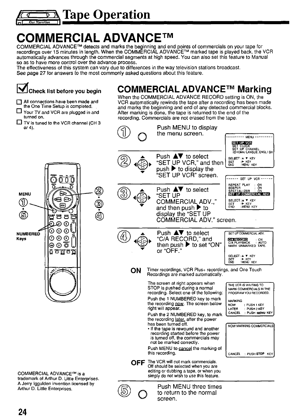 К <l- ^ л таре operation, Commercial advance, Check list before you begin | Commercial advance™ marking, Л таре operation, К <l | Panasonic PV-7664 User Manual | Page 24 / 44