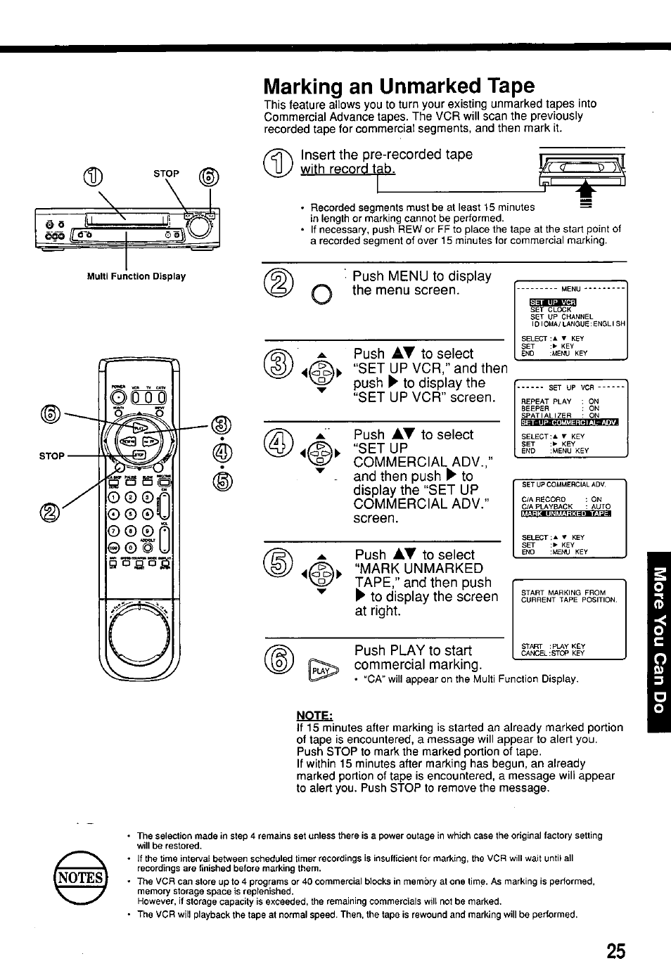 Marking an unmarked tape, Insert the pre-recorded tape with record tab, Push | Push play to start commercial marking | Panasonic PV-7664 User Manual | Page 25 / 44